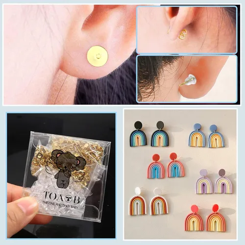 Miniatura 7 de TOAOB - 300 postes y respaldos de aretes de acero inoxidable dorado, hipoalergénicos, de 0.197 in, con goma transparente y parte trasera de aretes