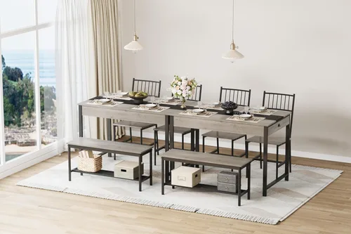 Miniatura 3 de IDEALHOUSE Juego de mesa de comedor para 4 personas, mesa de cocina pequeña y 2 sillas para 4 con banco, juego de mesa rectangular de granja de Gris