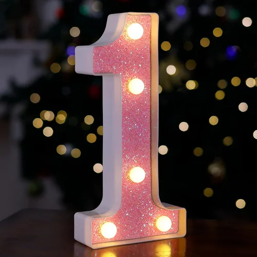 Miniatura 29 de Letras con luces LED, letras de marquesina con brillantina rosa, letras del alfabeto, letreros iluminados por pilas, para decoración de fiestas