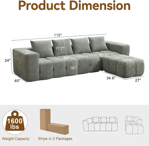 Miniatura 2 de Sofá modular sin hueso de 119 pulgadas para sala de estar, moderno sofá modular copetudo con asiento profundo y otomana móvil, sofá de felpilla