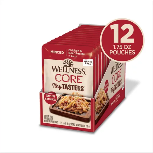 Miniatura 2 de Wellness CORE Tiny Tasters - Alimento húmedo picado para gatos adultos, natural, rico en proteínas, sin granos, receta de pollo y carne de res, 1.75