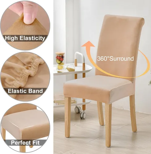Miniatura 4 de smiry - Fundas para sillas de comedor de terciopelo elástico y suave, extraíbles, Terciopelo, Beige