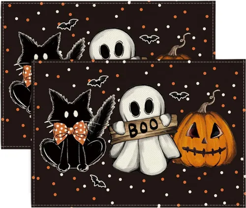 Artoid Mode Juego de 2 manteles individuales de Halloween, diseño de lunares, fantasma, calabaza, gato, Boo, Halloween, 12 x 18 pulgadas, para