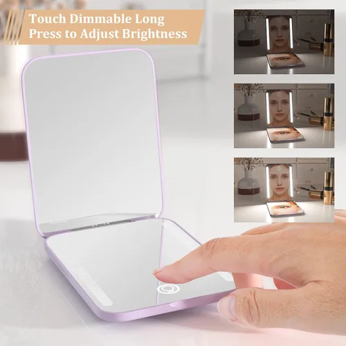 Miniatura 4 de WOBSION Espejo de viaje recargable con luz, espejo de aumento compacto 1x/3x para maquillaje, 3 modos de color, portátil para bolso, bolsillo