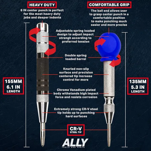 Miniatura 3 de ALLY Tools - Punzón central automático súper fuerte de 6 y 5 pulgadas, perforador central automático perfecto para metal, madera, plástico, vidrio