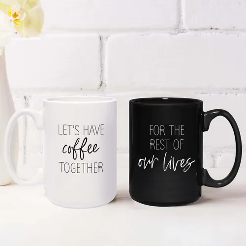 Miniatura 3 de Let's Have Coffee Together For The Rest Of Our Lives - Tazas a juego / 2 tazas de cerámica grandes de 15 onzas de color blanco y negro / juego