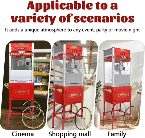 Miniatura 7 de Máquina de palomitas de maíz vintage con carrito, carrito de palomitas de maíz de 20 onzas, máquina de palomitas de maíz con gabinete de Rojo