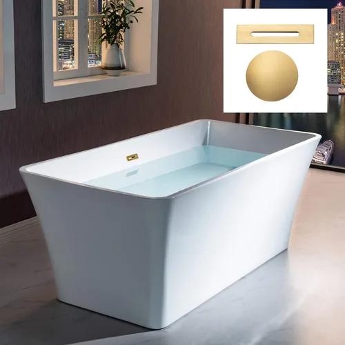 Miniatura 13 de WOODBRIDGE Bañera de acrílico independiente de 67 pulgadas, bañera blanca de remojo contemporáneo con desbordamiento y drenaje de oro cepillado