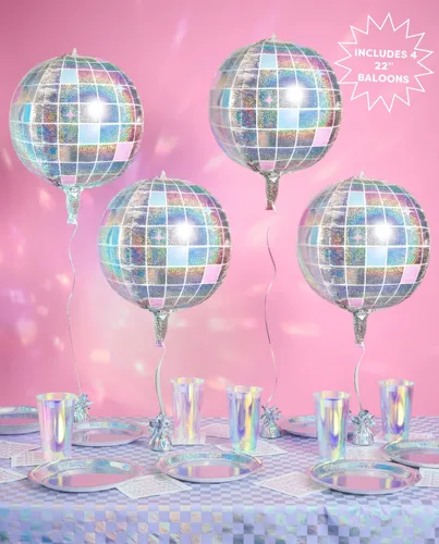 Miniatura 2 de xo, Fetti Globos de Papel de Aluminio con Bola de Discoteca Iridiscente - Paquete de 4, 22" Decoraciones de Despedida de Soltera Disco