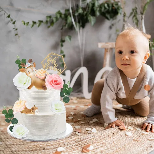 Miniatura 7 de Taiyin Oh Baby Cake Toppers para baby shower, lindos adornos para tartas de ciervos, flores de animales femeninos, decoración de tartas, pequeñas