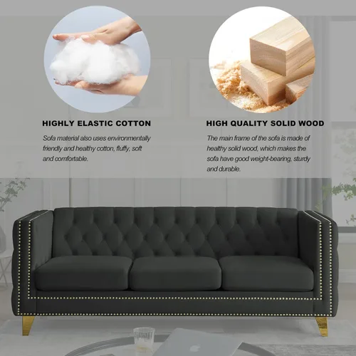 Miniatura 6 de Sofá moderno Chesterfield de terciopelo de 58 pulgadas, respaldos tapizados con brazos de cabeza de clavo, sofá biplaza para sala de estar