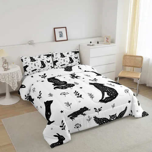 Miniatura 3 de Juego de ropa de cama matrimonial con diseño de bosques para niños y niñas, juego de edredón con diseño botánico de animales, estilo escandinavo