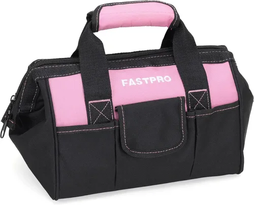 FASTPRO Bolsa de herramientas rosa de 12 pulgadas, almacenamiento abierto de boca ancha con cremallera, material de tela de poliéster 600D para una