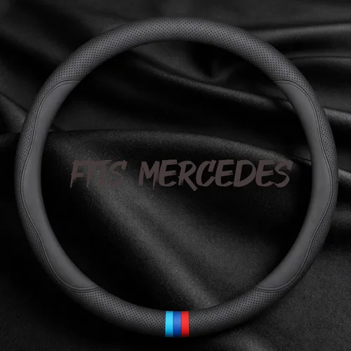 Miniatura 20 de Funda de cuero para volante de automóvil, transpirable, perforada con láser, líneas dobles negras puras, textura premium, 14.5-15 pulgadas