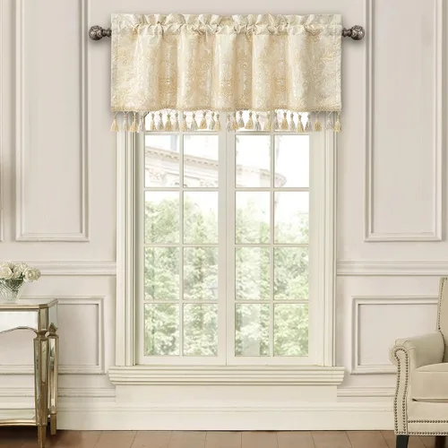 Miniatura 17 de Loom and Mill Cenefas de jacquard de lujo para ventana de sala de estar, elegante cenefa de cortina de damasco beige con ribete de cuentas, cortina