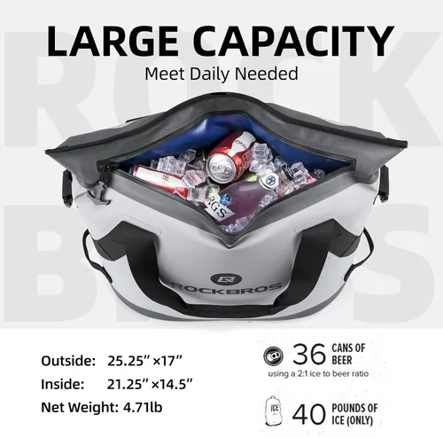 Miniatura 4 de ROCKBROS Hielera suave aislada a prueba de fugas portátil para 36 latas, enfriadores grandes de lados suaves, impermeable, con aislamiento térmico