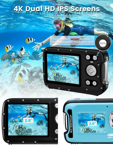Miniatura 5 de Cámara subacuática 4K 48MP Autofocus Selfie Cámara impermeable de doble pantalla con correa flotante y tarjeta de 32 GB, cámara digital compacta