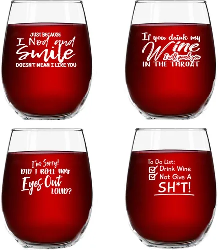 Juego de 4 copas de vino divertidas de crudo y grosero (15 onzas) - Regalos novedosos de cristalería para mujeres, fiesta divertida, evento,