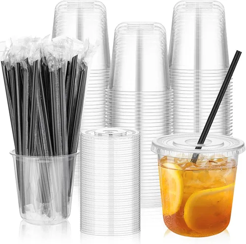 Miniatura 10 de tchrules Juego de 100 vasos de plástico negro de 12 onzas con tapas y pajitas, taza de café helado desechable con tapa, parte inferior redonda