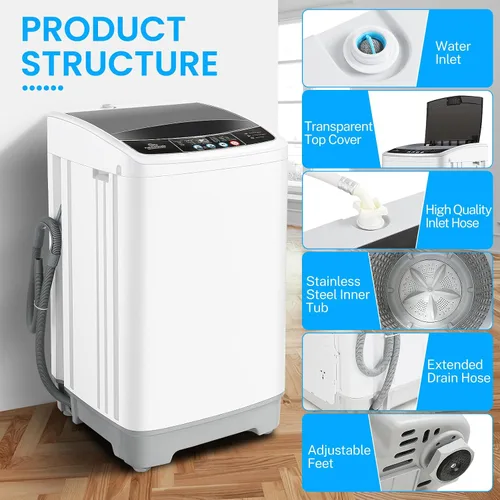 Miniatura 5 de Nictemaw Lavadora portátil, lavadora portátil de 2.4 pies cúbicos, capacidad de 17.8 libras, lavadora completamente automática con 10 programas, 8