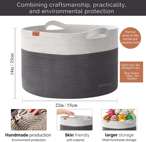 Miniatura 3 de GOCAN Cesta de lavandería extragrande para almacenamiento de juguetes 22"X22"X14" cesta para mantas de cuerda de algodón tejida con asas para sala