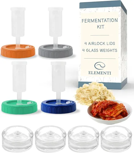 Elementi Kit de fermentación de tarros de masón, 8 pesos de fermentación de vidrio de fácil agarre y tapas de fermentación de tarros de boca ancha,