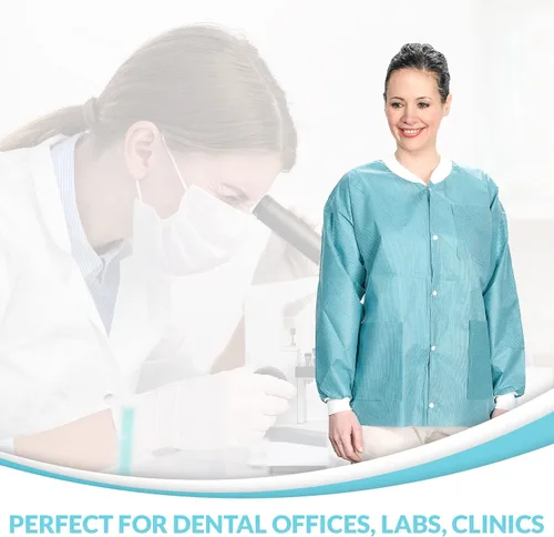Miniatura 5 de Paquete de 10 chaquetas desechables de laboratorio, chaqueta médica reutilizable hasta la cadera, unisex, con puños de punto y bolsillos