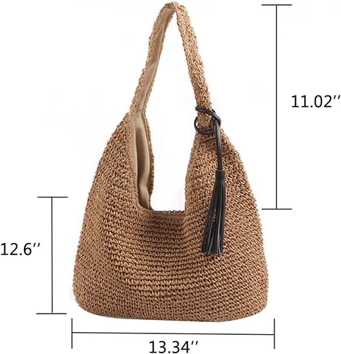 Miniatura 3 de Bolso de hombro de paja grande suave tejido a mano con borlas negras Boho paja asa tote retro verano playa bolsa de ratán bolso