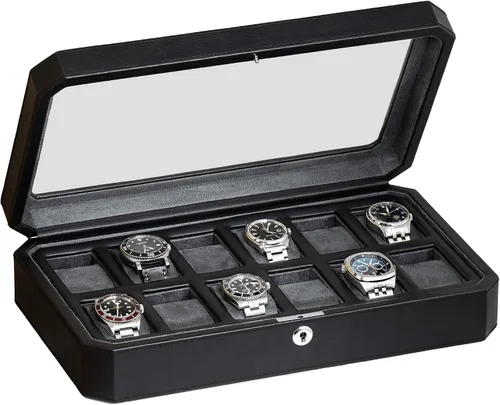 Miniatura 8 de ROTHWELL Caja de reloj de cuero con 12 ranuras para hombre, organizador de exhibición de lujo para relojes, forro de microgamuza, soporte