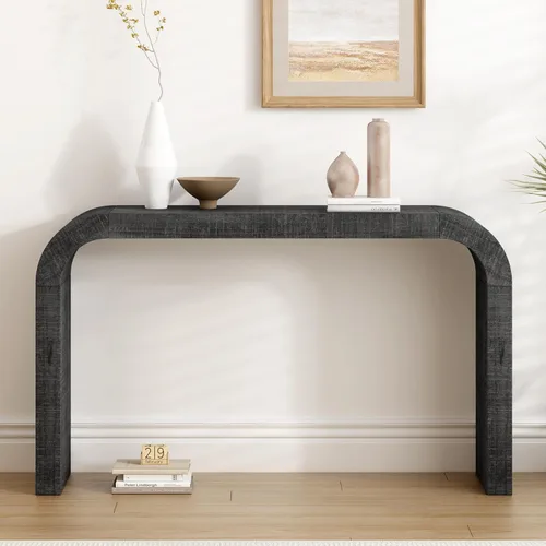 Miniatura 15 de Elegante mesa consola de 63 pulgadas con chapa de pino y patas geométricas, aparador de buffet versátil, mesa auxiliar de madera extra larga