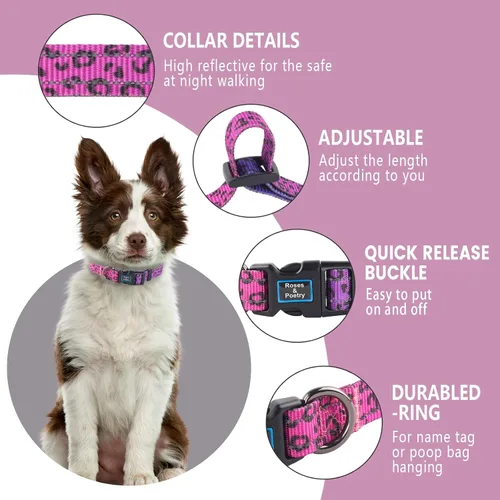 Miniatura 2 de Roses&Poetry Collares para perros medianos, con estampado de leopardo, collar ajustable de nailon para mascotas, duradero y reflectante para perros