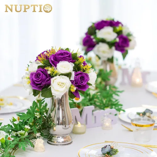 Miniatura 4 de NUPTIO Centros de mesa de flores para mesas de boda: 10 piezas de arreglo de bolas de flores artificiales moradas y blancas para fiesta de Navidad