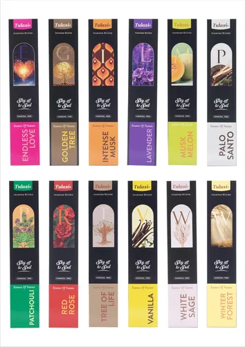 Miniatura 23 de Tulasi Nag Champa - Varitas de incienso surtidas/paquete variado – 180 varillas enrolladas a mano, 12 aromas naturales Sándalo, lavanda, vainilla