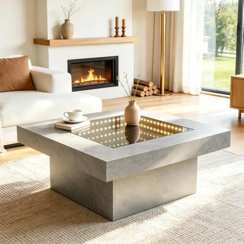Miniatura 10 de FKWin Mesas de centro modernas negras – Mesa de centro cuadrada con espejo de profundidad infinita con luces LED, mesa negra para sala de estar