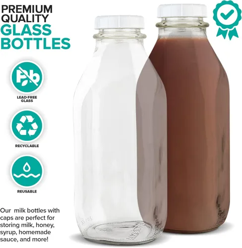 Miniatura 3 de Stock Your Home Botella de leche de vidrio de un litro con tapa (paquete de 1) jarras de 32 onzas y 3 tapas blancas, contenedor de leche