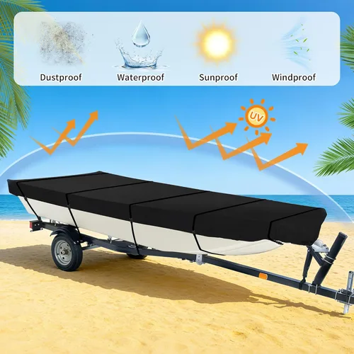 Miniatura 7 de iCOVER Cubierta para lancha Jon de 12 pies, cubierta impermeable de poliéster de grado marino resistente a los rayos UV, cubierta de amarre Negro