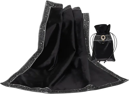 Miniatura 2 de Bolsa de cartas de tarot, mantel de adivinación, encaje de río estrella, parte inferior de partículas de terciopelo grueso con bolsa de tarot (negro)