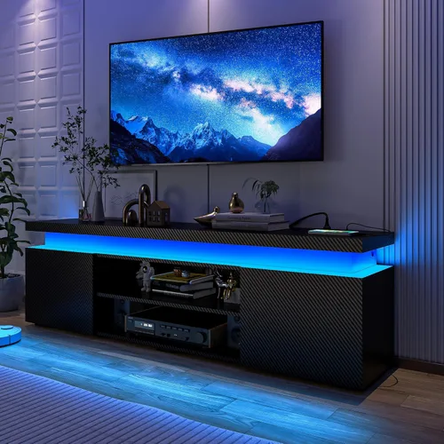 Miniatura 16 de Hlivelood Soporte de TV LED para TV de 75 pulgadas, moderno soporte de TV con toma de corriente, consola de TV de alto brillo con almacenamiento