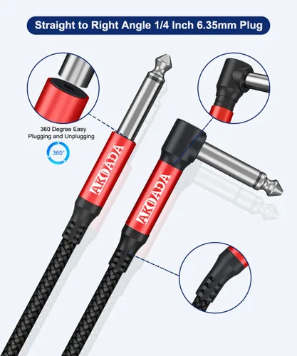 Miniatura 2 de AkoaDa Cable de guitarra de 1/4 de 20 pies, paquete de 2 unidades, cable TS para guitarra eléctrica de ángulo recto compatible con guitarra, bajo