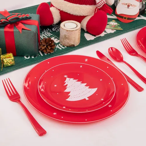 Miniatura 6 de Platos de plástico de Navidad WDF 50 piezas - Platos de plástico rojos y blancos con árbol de Navidad incluyen 25 platos para cena, 25 platos