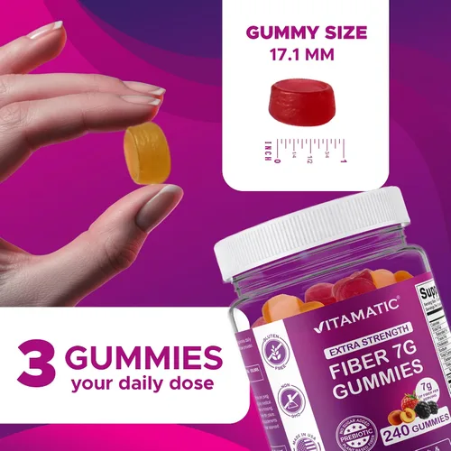 Miniatura 4 de Vitamatic Gomitas de fibra prebiótica para adultos, 7G de fuerza extra, sin azúcar añadida, 240 gomitas a base de pectina, apoyo para la salud