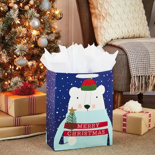 Miniatura 2 de Hallmark Bolsa de regalo de Navidad extra grande de 15 pulgadas con papel de seda (Oso Polar de Feliz Navidad) para niños, adultos, compañeros