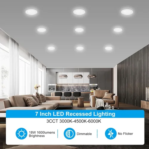 Miniatura 7 de Elaruslux Luz empotrada de 7 pulg 3CCT ultradelgada LED con caja de conexiones, 3000K/4500K/6000K seleccionables, 18W equivalen a 125W, luces