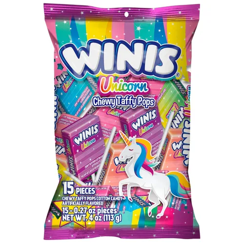 Winis Unicorn | Chewy Taffy Pops | Sabor de algodón de azúcar | Tamaño compartido de 4.3 onzas bolsa – 15 piezas | Regalos, vacaciones, fiestas,