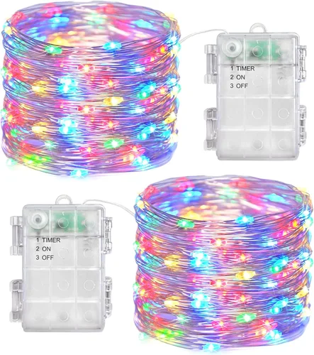 Luces de Hadas Guirnalda de luces a pilas, paquete de 2 unidades, 100 LED, impermeable, alambre de cobre, luz de Navidad parpadeante con
