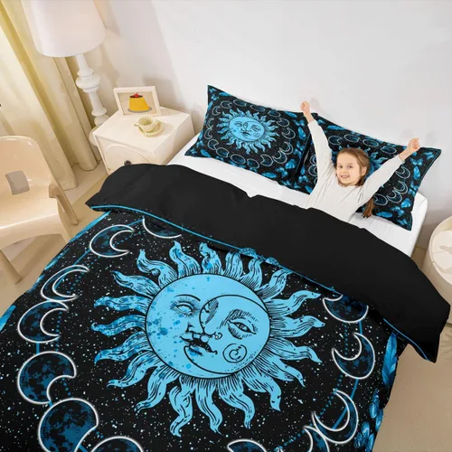 Miniatura 16 de Erosebridal Juego de ropa de cama bohemio con sol y luna, funda de edredón hippie de 3 piezas, colorida funda de edredón teñida anudada, funda
