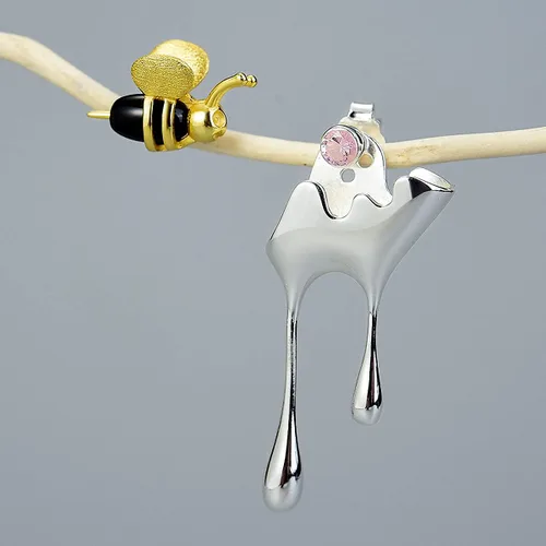 Miniatura 5 de Regalo para San Valentín, aretes de plata de ley 925 abeja y miel goteando, aretes asimétricos creativos hechos a mano, joyería única, regalos