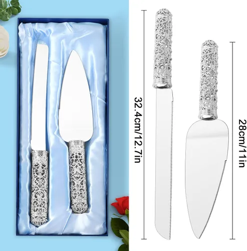 Miniatura 3 de Juego de cuchillo y servidor de plata para boda, juego de 2 piezas de postre con mango de metal con piedras de cristal para decoración de bodas