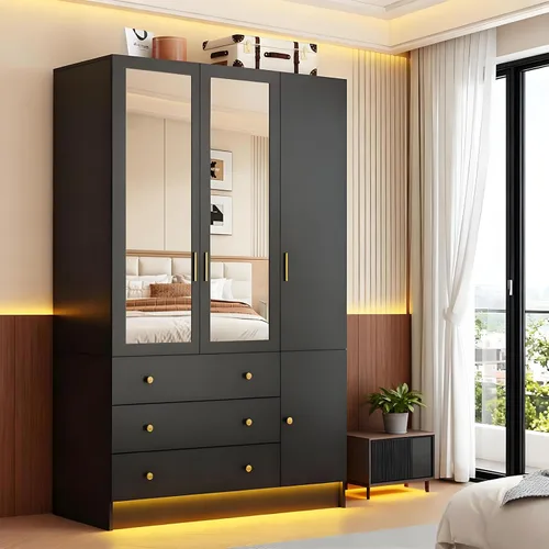 Armario de 75 pulgadas de alto con 3 puertas y 3 cajones, armario moderno con espejo y luces LED, armario de madera para dormitorio, barra para