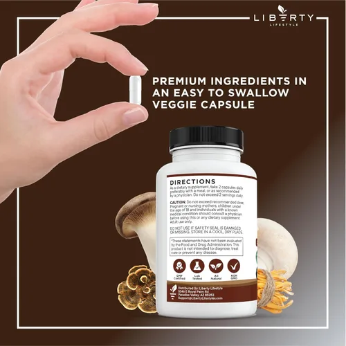 Miniatura 4 de Liberty Lifestyle Suplemento de Hongo Melena de León con Cola de Turquía, Reishi, Cordyceps, Chaga y Raíz de Malvavisco - Pack de 3